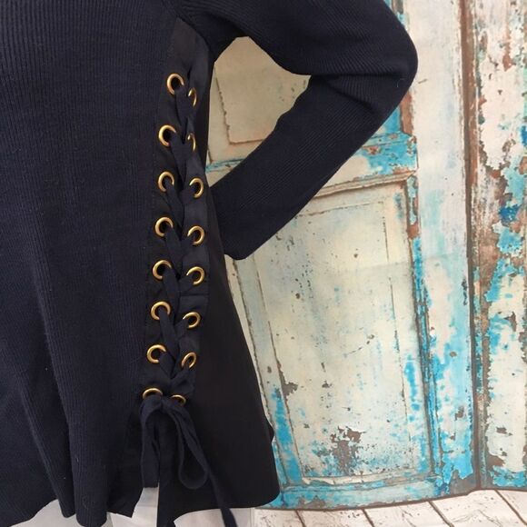 INC Navy Blue Lace Up Grommet Ribbed Sweater - Picture 3 of 9